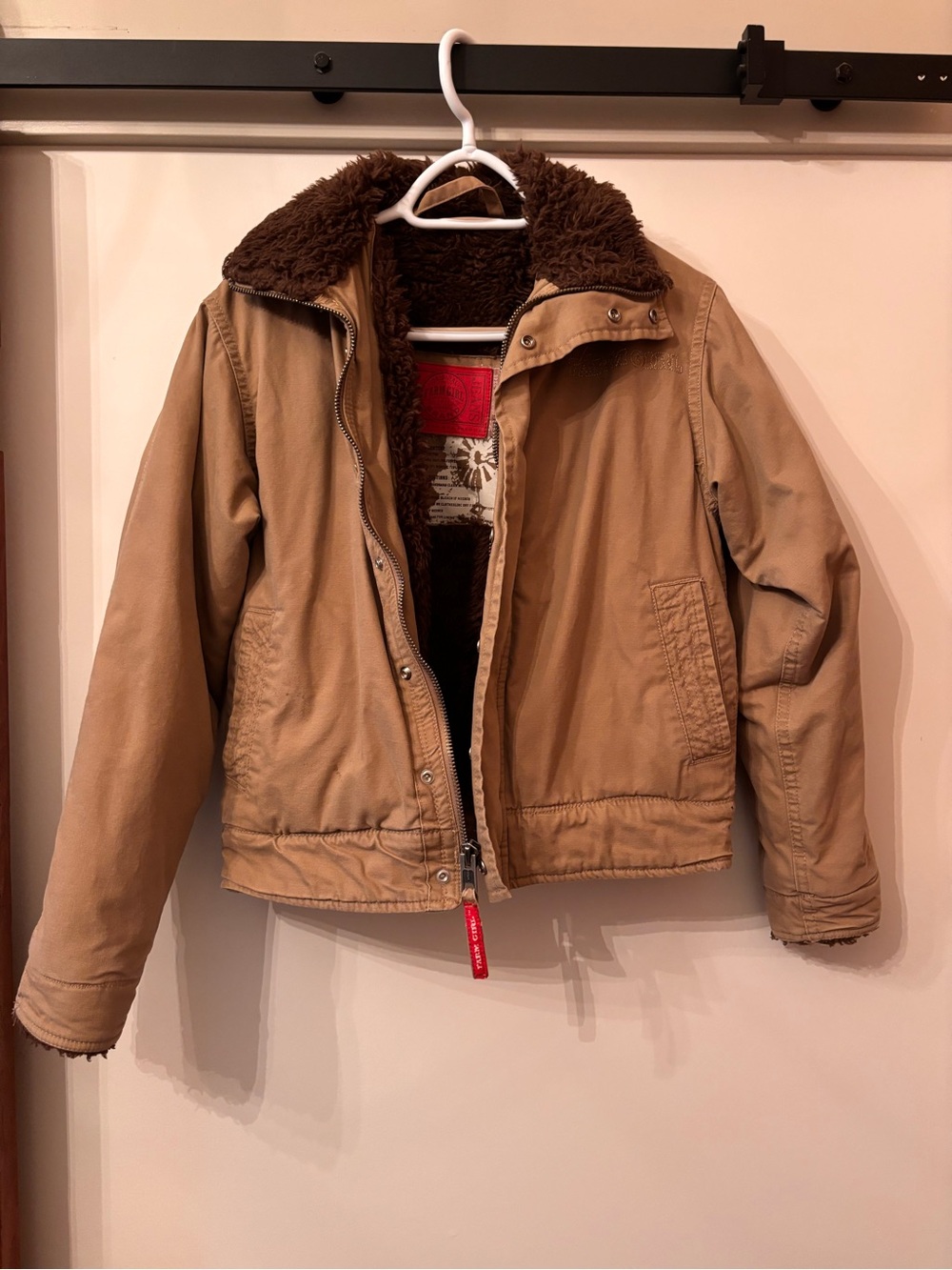 Women's Tan Sherpa-Lined Bomber Jacket